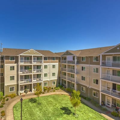 Exterior view of a senior living community with apartments