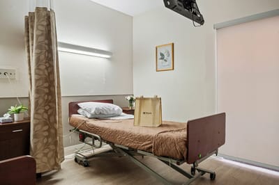 Private resident room with a hospital bed and a small plant