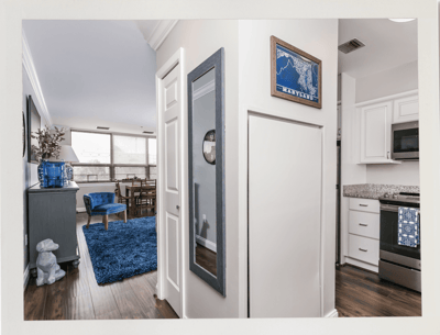 Interior view of a living area with a blue rug