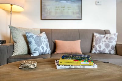 Cozy common area with a sofa and decorative pillows