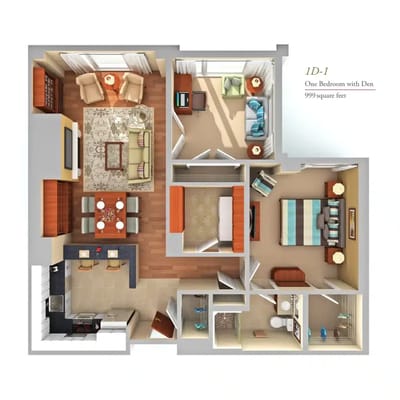Architectural floor plan of a one-bedroom unit