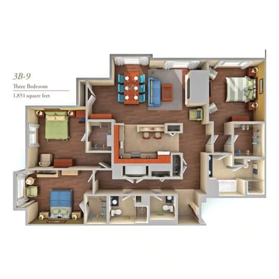 Architectural floor plan of a three-bedroom unit