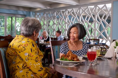Two residents enjoying a meal together in the dining room
