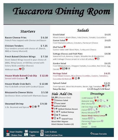 Menu overview of the Tuscacora Dining Room with food items listed
