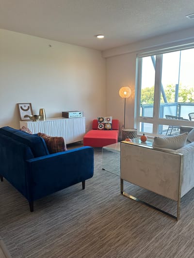 Interior lounge area with colorful seating