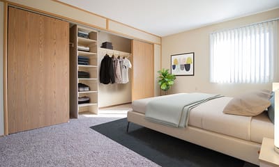 Modern furnished bedroom with closet space