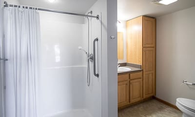 Bathroom with a walk-in shower and wooden cabinets