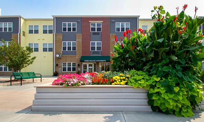Colorful flower beds in front of Prime Square Apartments