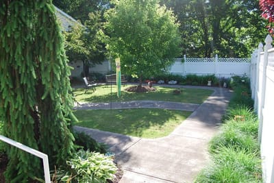 Beautiful garden path in a senior living facility