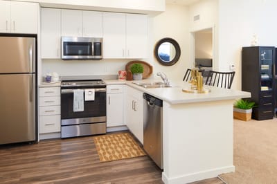 Modern kitchen in an assisted living facility apartment