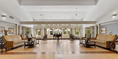 Bright and spacious common area with seating
