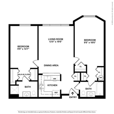Architectural floor plan of a two-bedroom unit