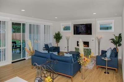 Comfortable lounge area with blue furniture
