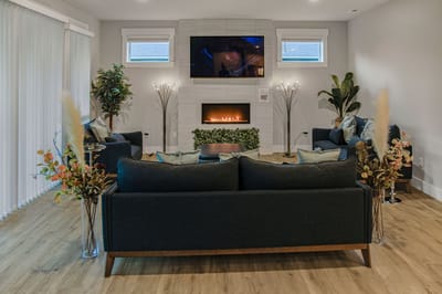 Cozy common area with plants and a television.