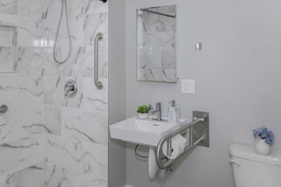 Stylish bathroom with grab bars and modern fixtures