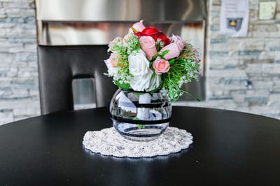 Floral arrangement on a dining table