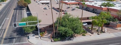 Aerial view of Heritage Court facility exterior.