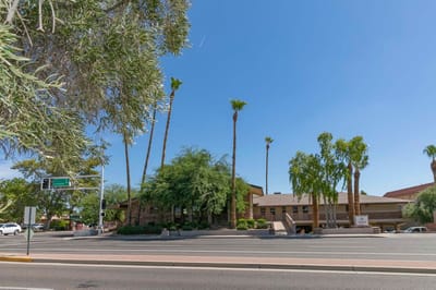 Exterior view of the facility with palm trees.