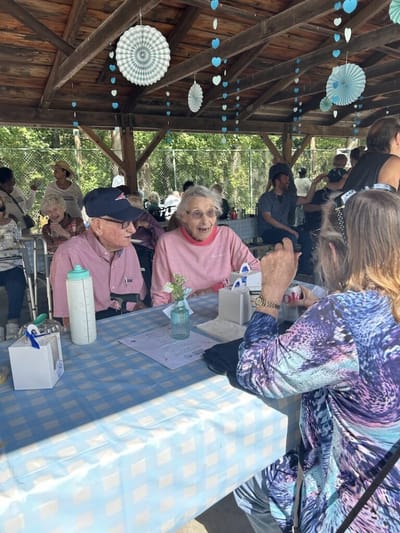 Seniors enjoying an outdoor gathering at a table.