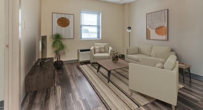 Comfortable lounge area in a senior living facility.