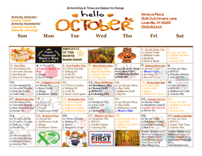 October activities calendar for residents