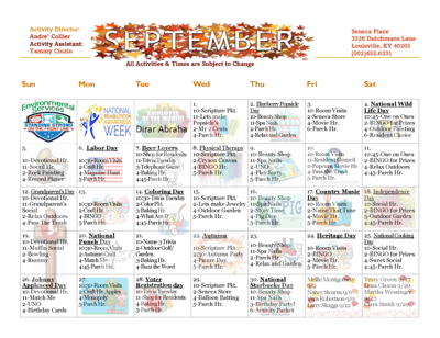 September activity calendar for Seneca Place