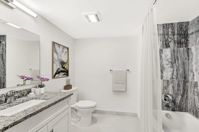 Bright and modern bathroom interior with decorations.