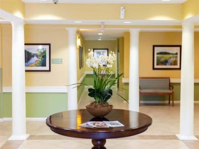 Welcoming interior space with a floral arrangement