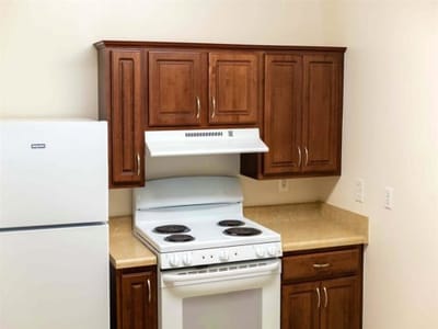Kitchen area with stove and cabinets