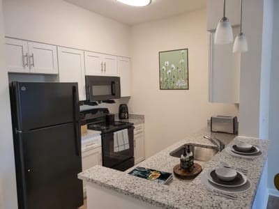 An interior view of a kitchen area.