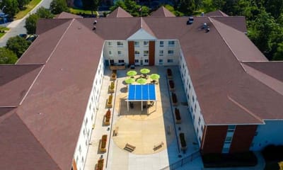 Aerial view of the outdoor courtyard with seating.