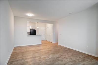 Empty living area with kitchen in background