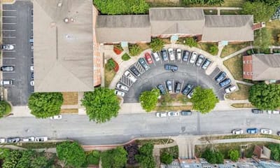 Aerial view of the facility and parking area.