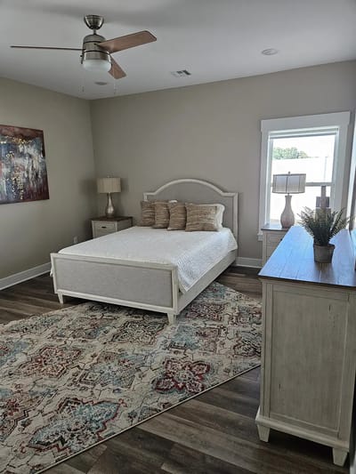 A beautifully decorated bedroom in the facility