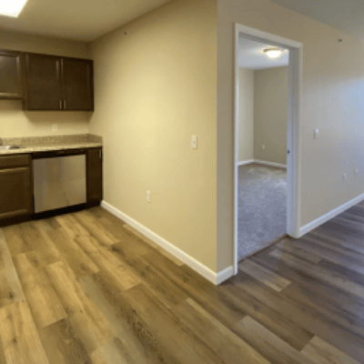 Interior view of an apartment kitchen and living space