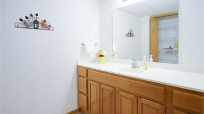 A clean bathroom with a sink and decorative accents