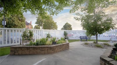 Outdoor garden area with plants and seating