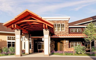 Exterior view of a senior living facility entrance