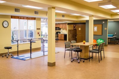 Interior activity space with therapy equipment and tables
