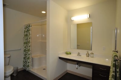 Modern bathroom with shower and sink features