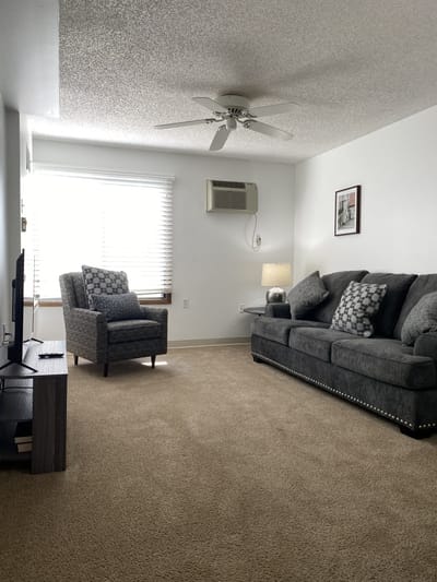 Cozy living room with seating and natural light