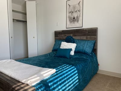 Cozy resident room with a teal bedspread and wolf artwork