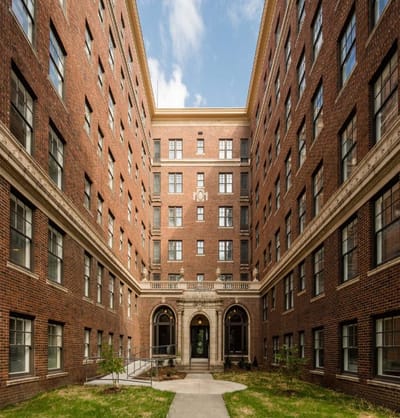 Outdoor view of a senior apartment building entrance