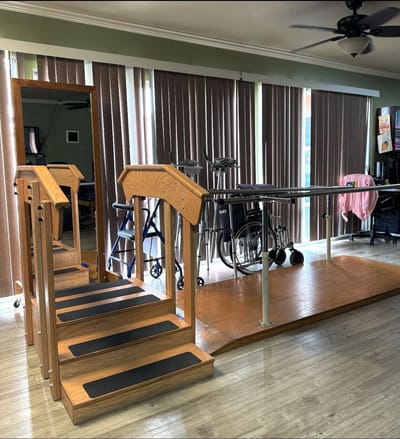 Interior view of a rehabilitation space with equipment