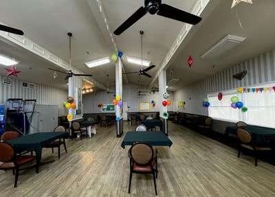 Interior dining area with tables and decorations