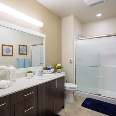 A well-lit bathroom with modern amenities