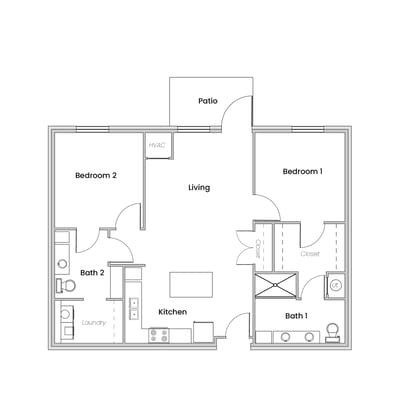 Architectural floor plan with labeled rooms and kitchen