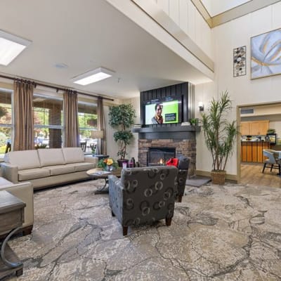 Interior common area with seating and decorative elements
