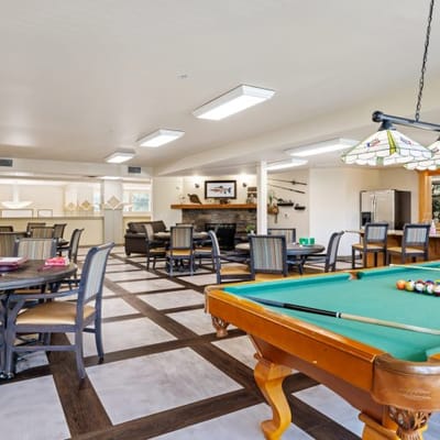 Bright activity room with pool table and comfortable seating