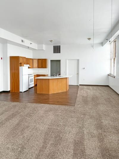 Interior view of an apartment kitchen and living area